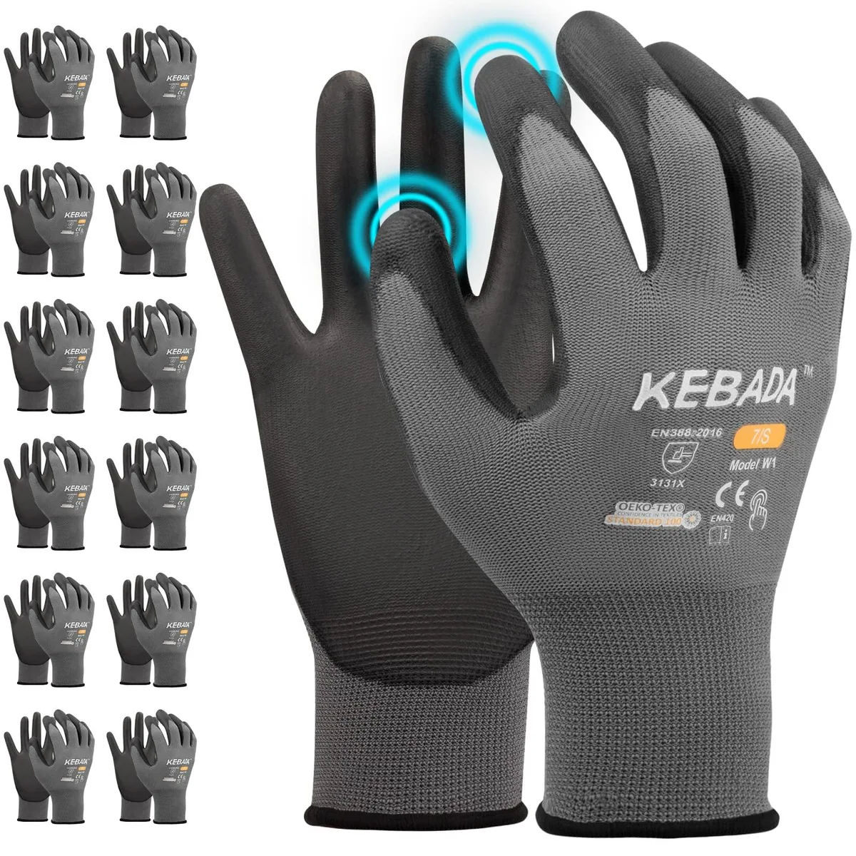  Kebada W1 PU Coated Touchscreen Work Gloves 12 Pairs Light Grey Large — product photo