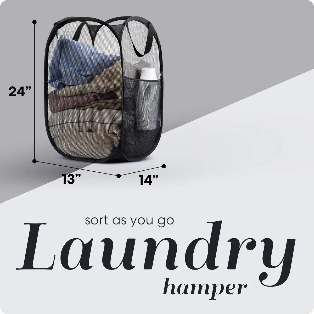 Black collapsible mesh pop-up hamper with side pocket, folded flat