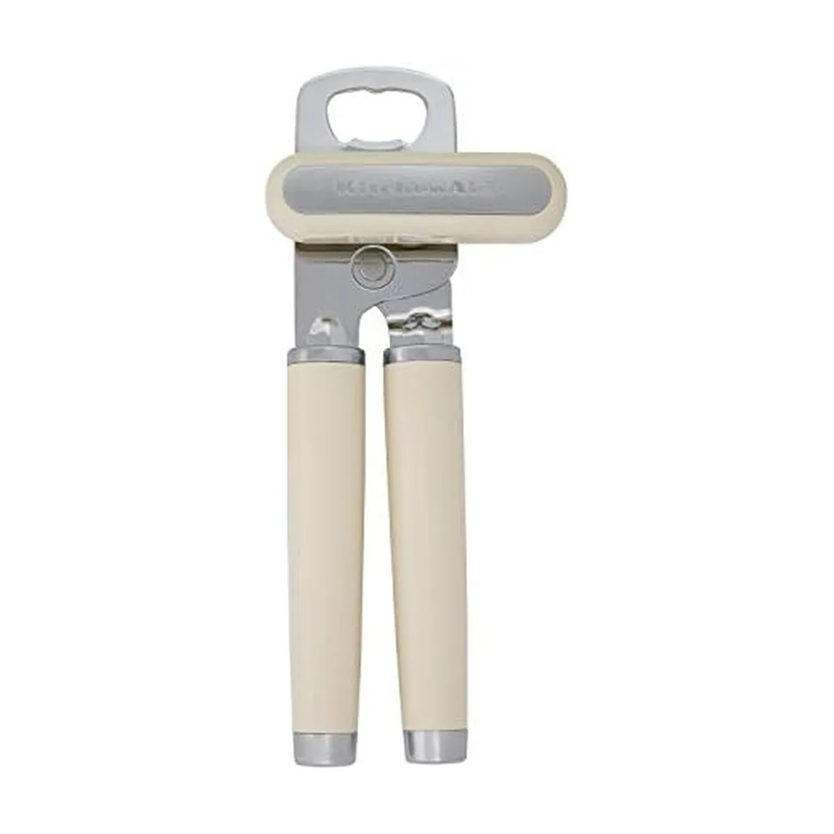 KitchenAid manual can opener in almond cream with stainless steel cutting wheel and bottle opener