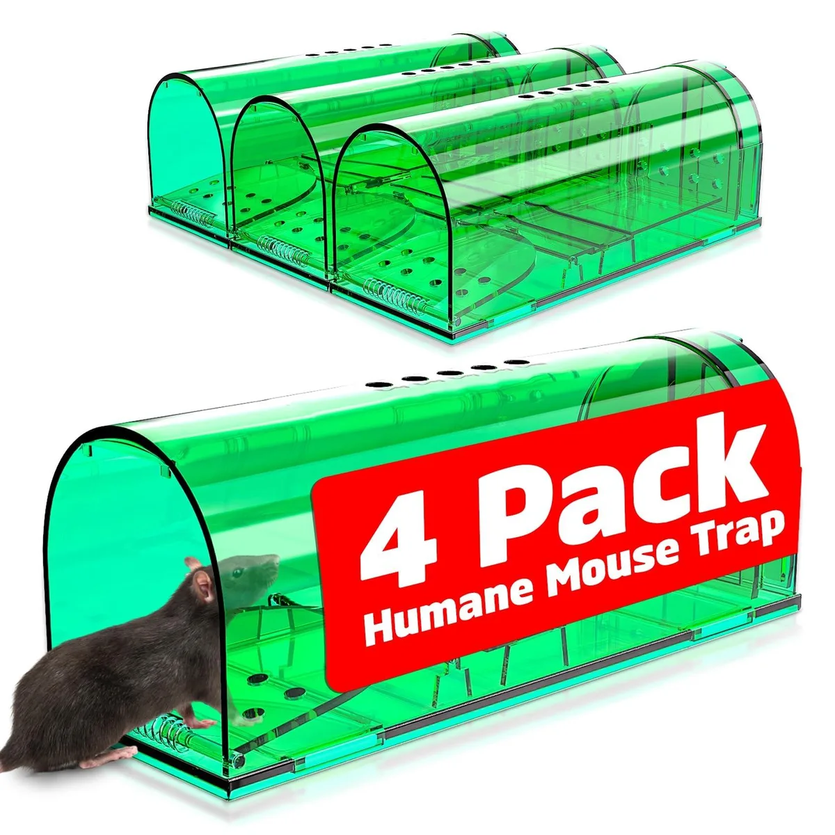 Four small rectangular plastic live-catch mouse traps in light green and white