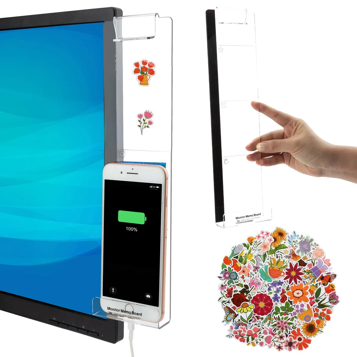 Two clear acrylic memo boards with coral floral stickers attached to monitor edges
