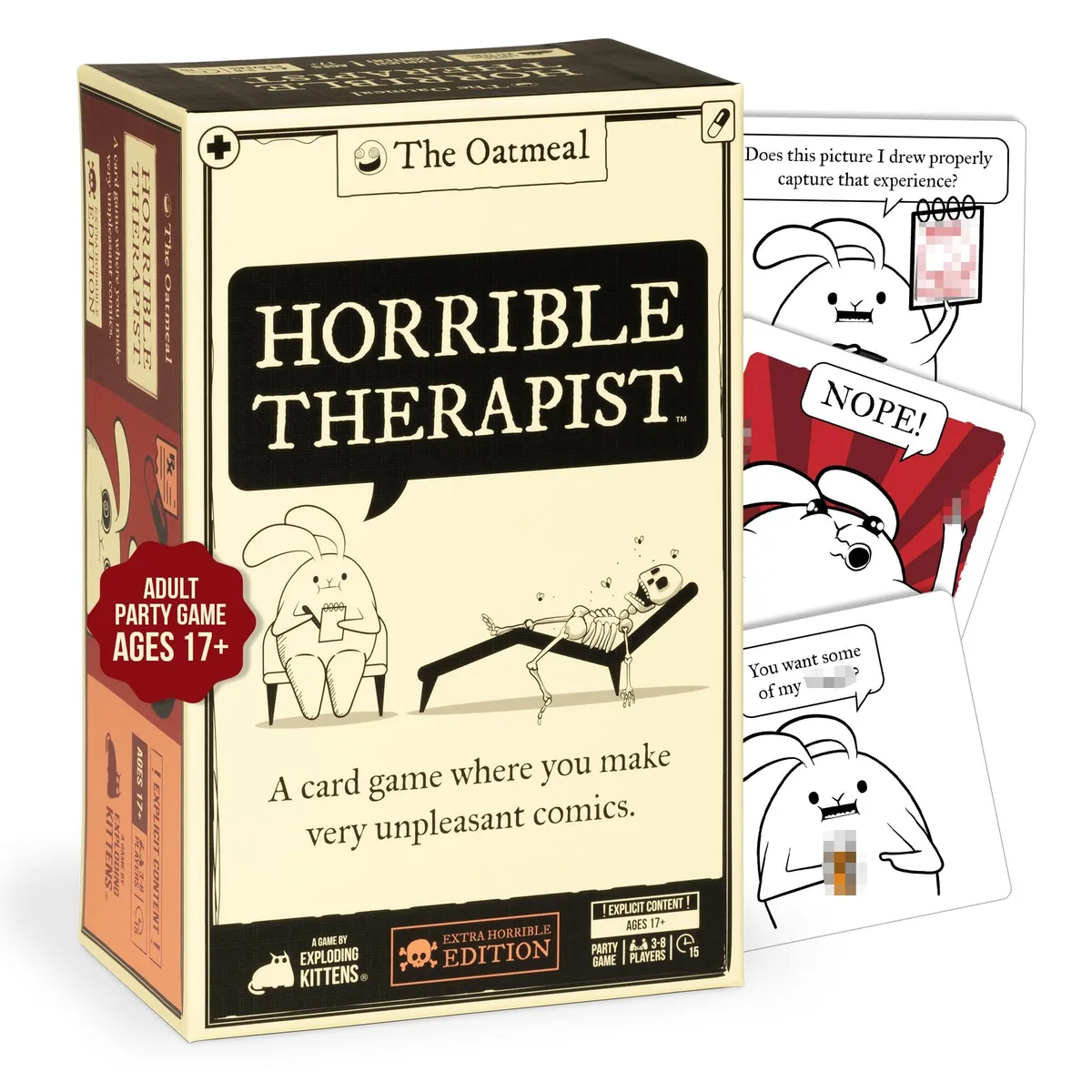 Rectangular card game box with black matte finish and comic illustrations