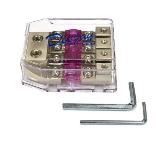 Rectangular power distribution block with four 100 A ANL fuses and clear removable cover
