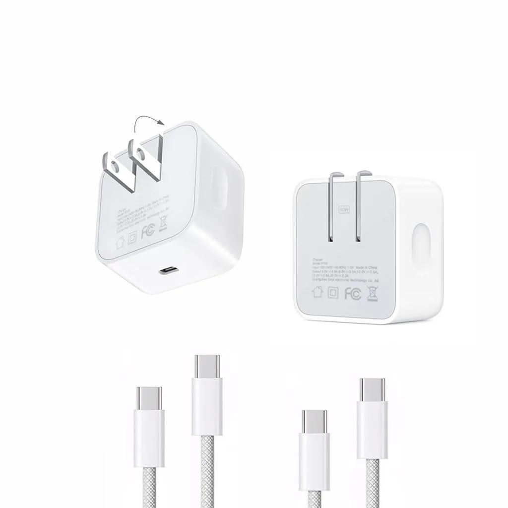 Two compact white USB-C wall chargers with foldable plugs and two braided USB-C to USB-C cables