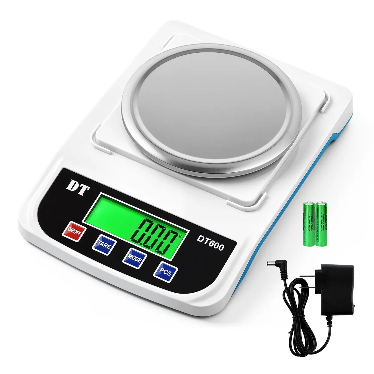 Silver electronic scale with rectangular weighing pan and backlit display
