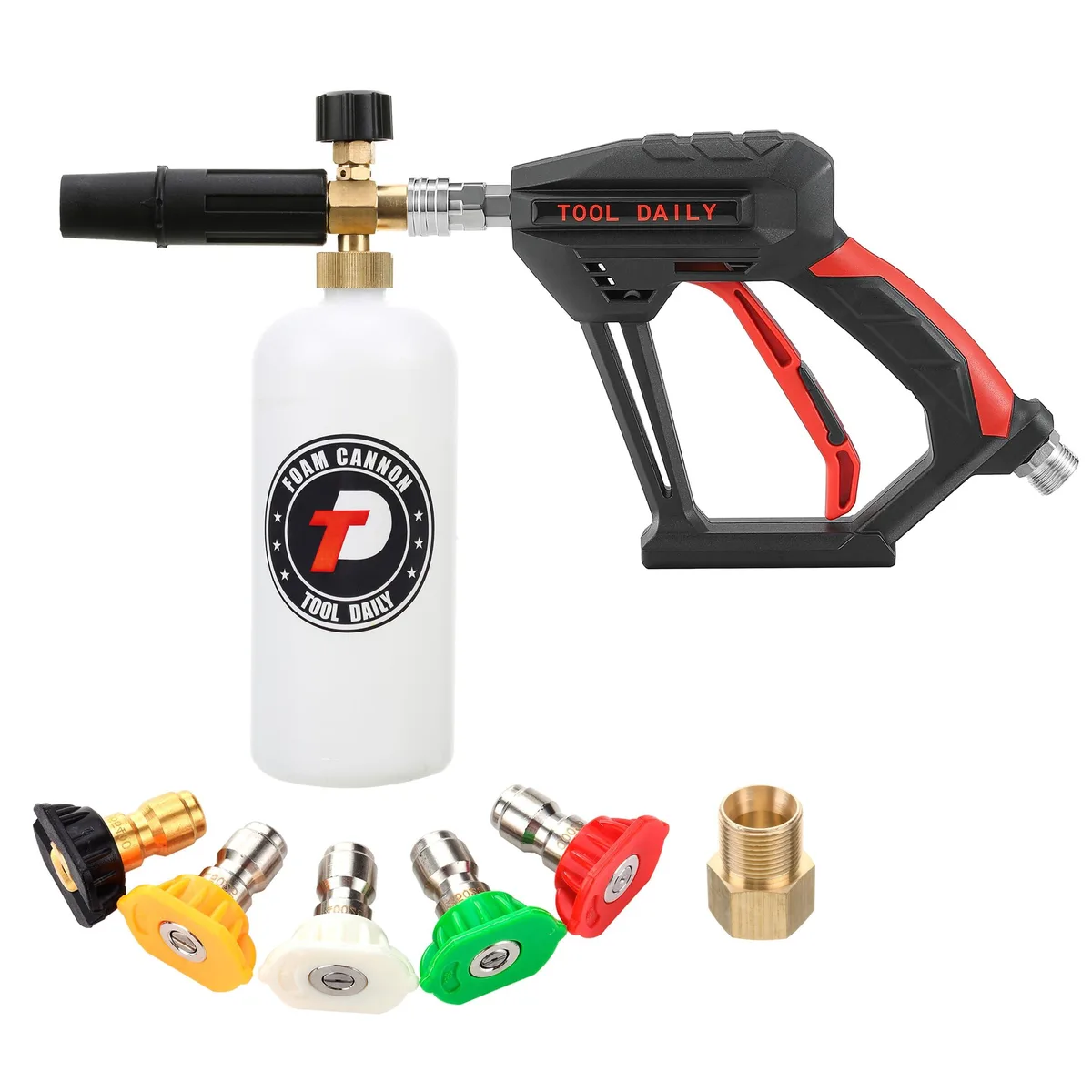  Tool Daily JT067 Pressure Washer Gun Foam Cannon Kit 1/4" Quick Connect M22 14mm 15mm 5 Nozzles 1L 4000 PSI — product photo
