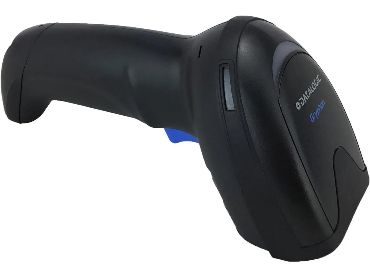 Black handheld corded barcode scanner with matte finish, curved grip and front-facing scan window