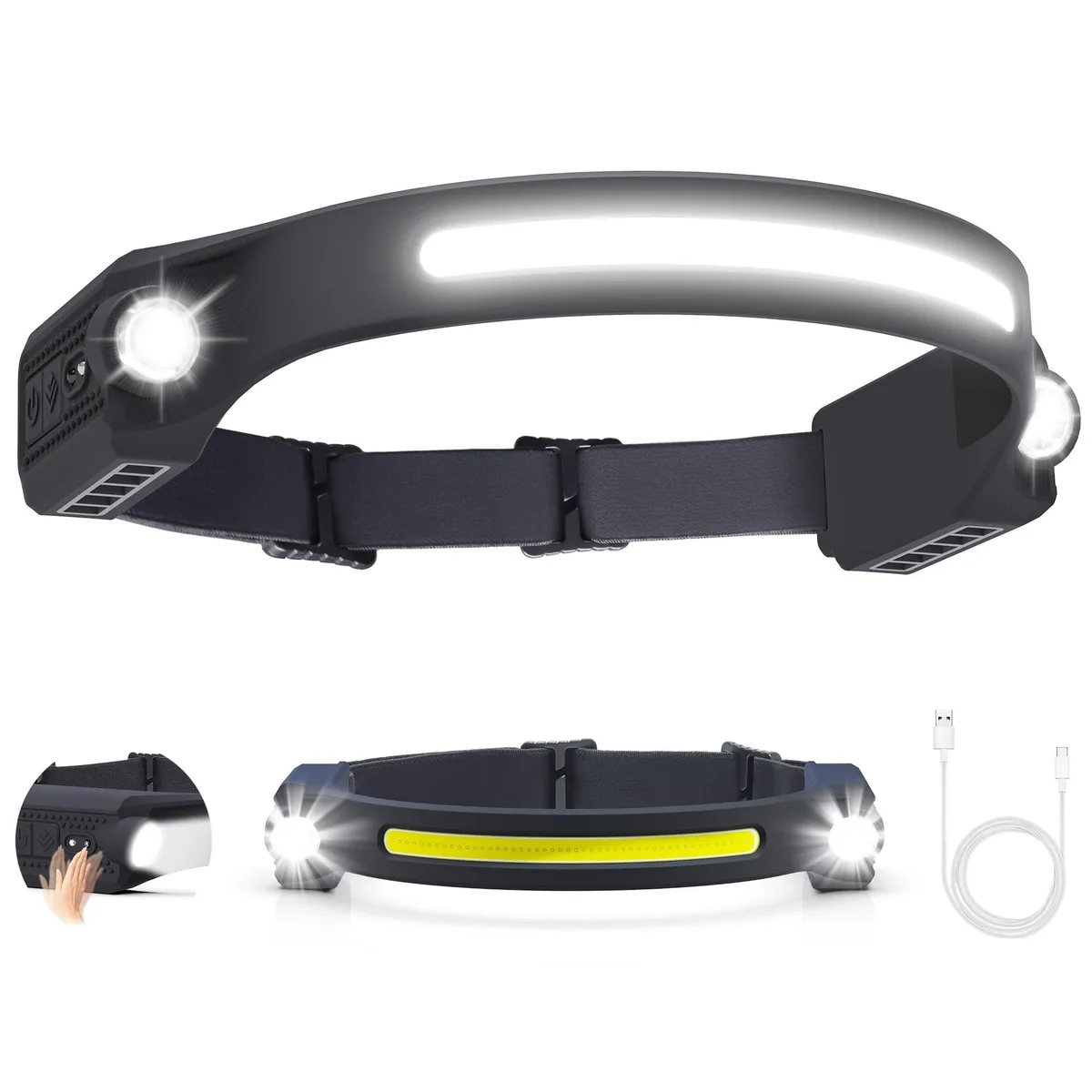 Compact black headlamp with wide COB panel and two side spotlights, adjustable elastic strap, USB-C port visible