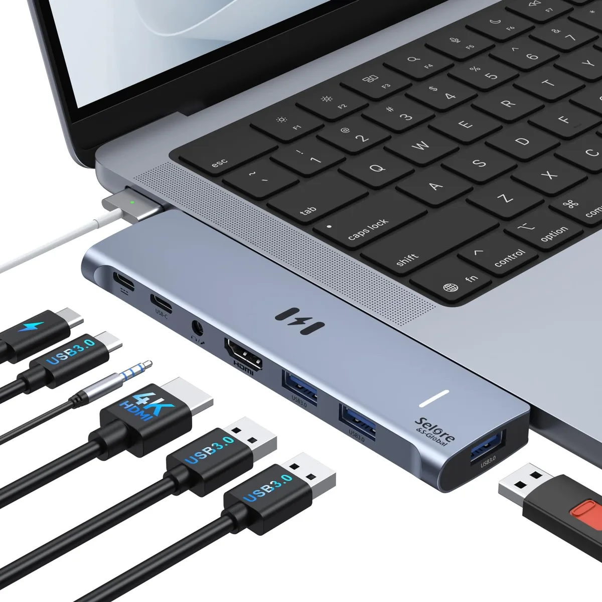 Selore&amp;S-Global 7-in-2 USB-C Hub Grey Thunderbolt 3 4K@60Hz HDMI 5Gbps 100W PD 6.5in 98g — product photo