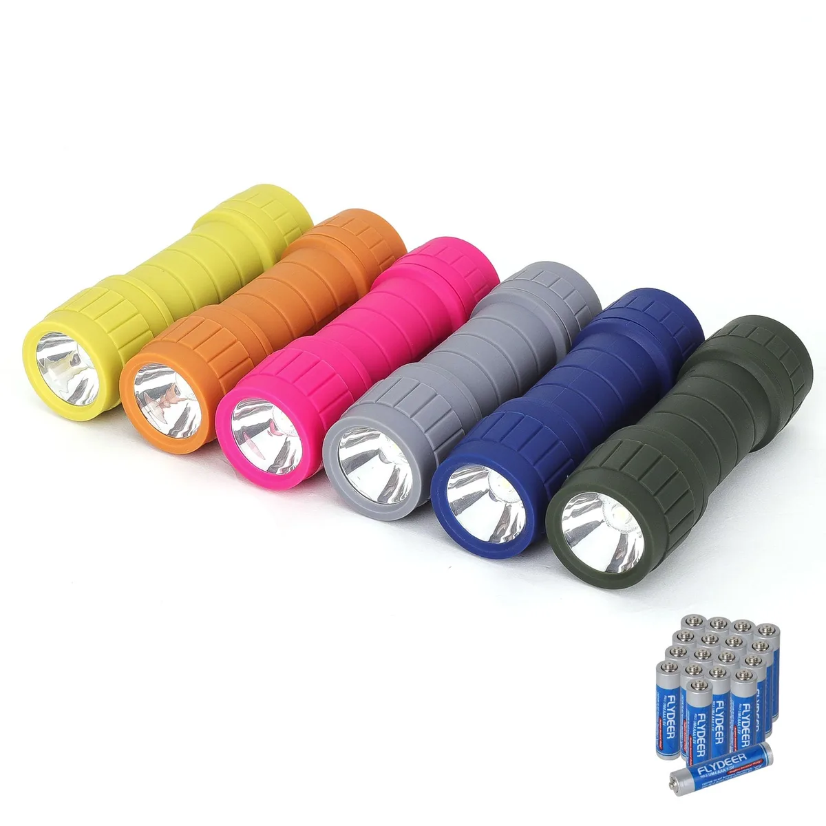 Six small black ABS flashlights with tail buttons and eighteen AAA batteries included