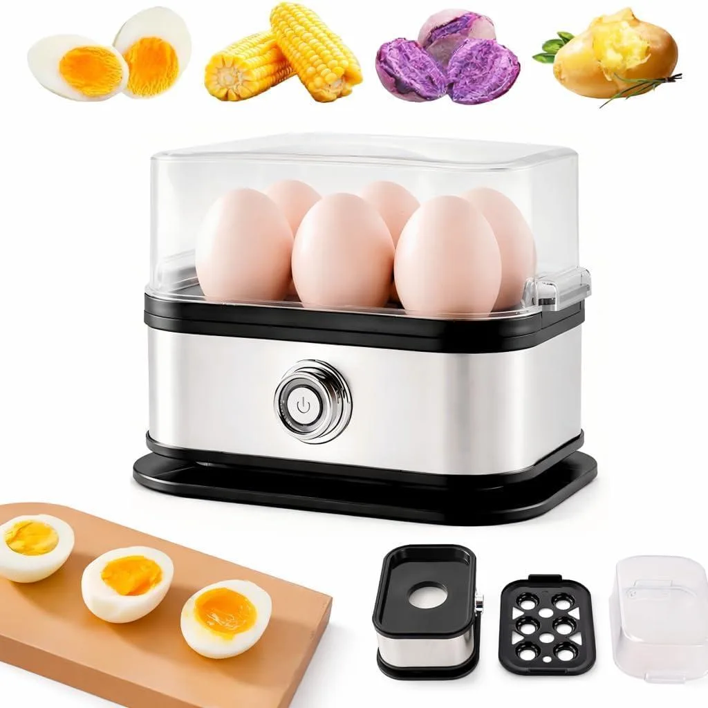 Compact stainless steel egg cooker with black accents and clear lid