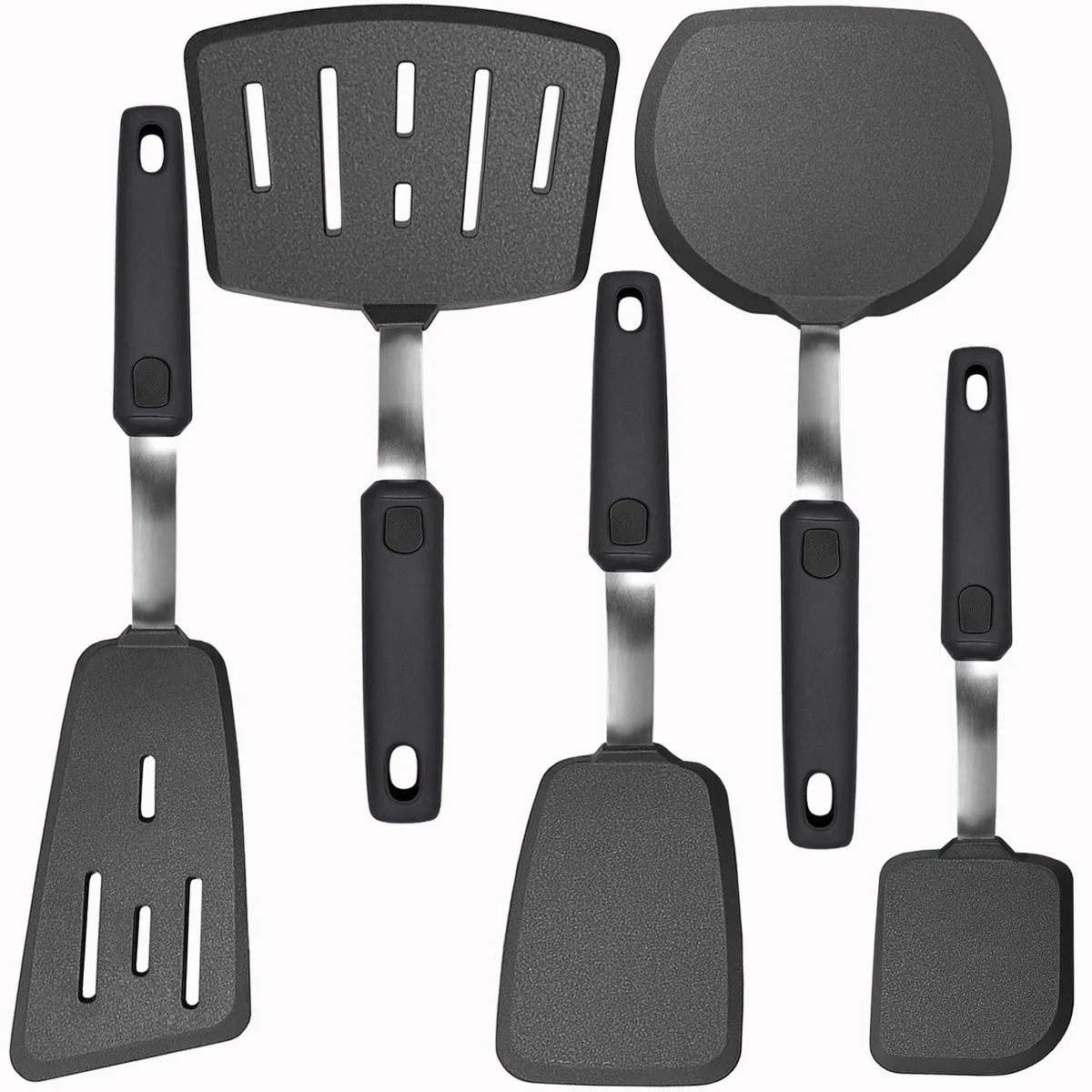 Five black silicone spatulas with stainless steel cores, mixed shapes and sizes