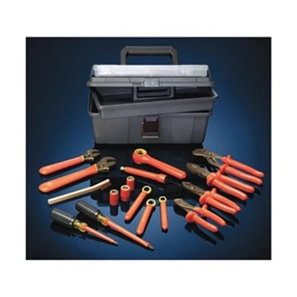 Ampco 17-piece insulated nonsparking tool set in a tool box, 3/8 inch drive, SAE sockets, wrenches, pliers, and screwdrivers