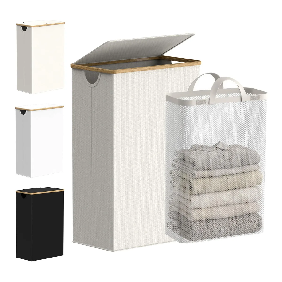efluky 75L Slim Laundry Tub with Lid, Removable Bag, Bamboo Handles, Beige — product photo