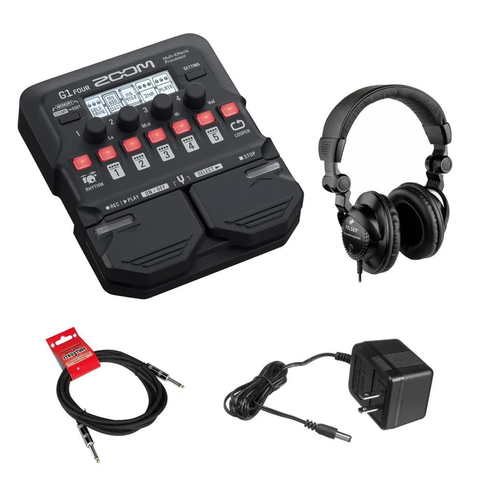 Zoom Zoom G1 Four Bass Pedals and Effects with Polsen HPC-A30 Headphones, 9V Adapter & 10ft Cable — product photo