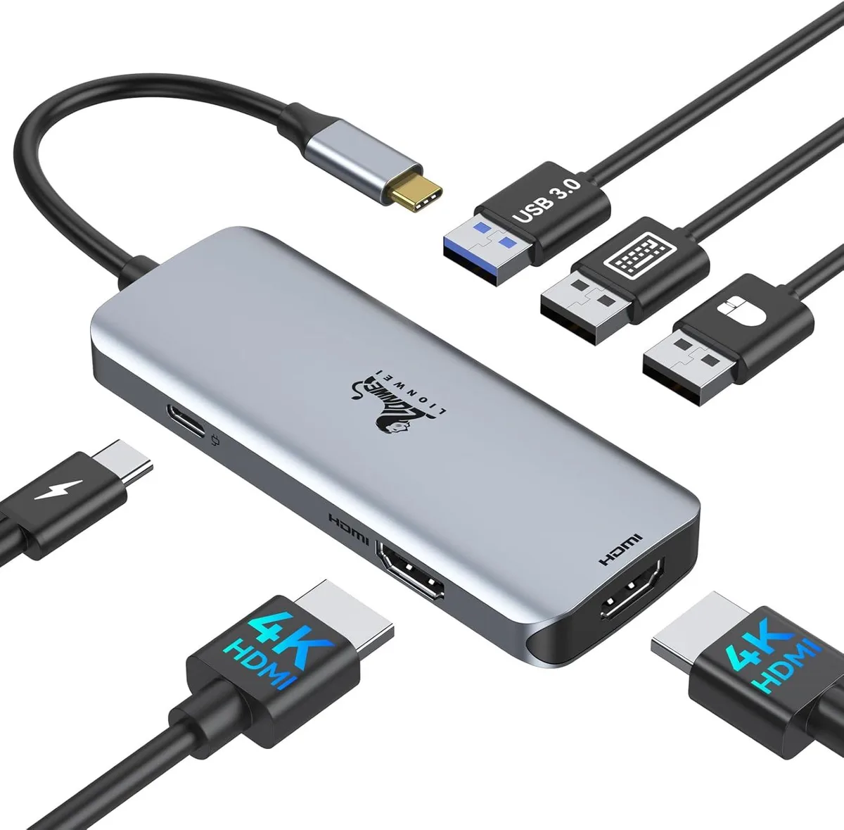 PISKEKAT PISKEKAT 6-in-1 USB-C Hub Dual HDMI 4K 60Hz 100W PD game controller — product photo