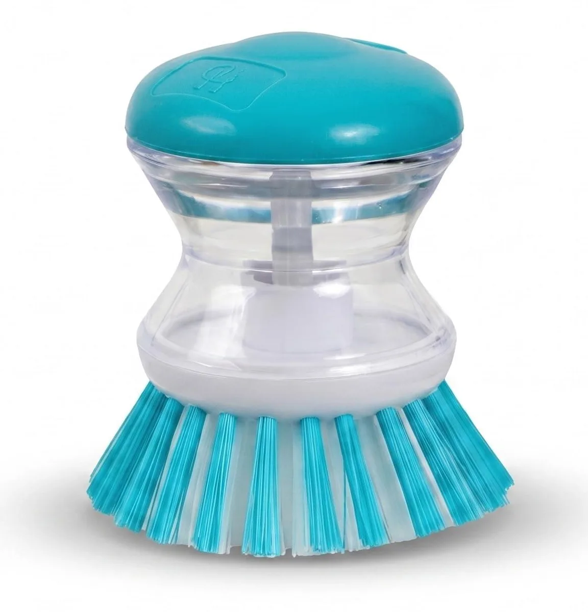 Blue palm-sized soap dispensing brush with nylon bristles and plastic handle
