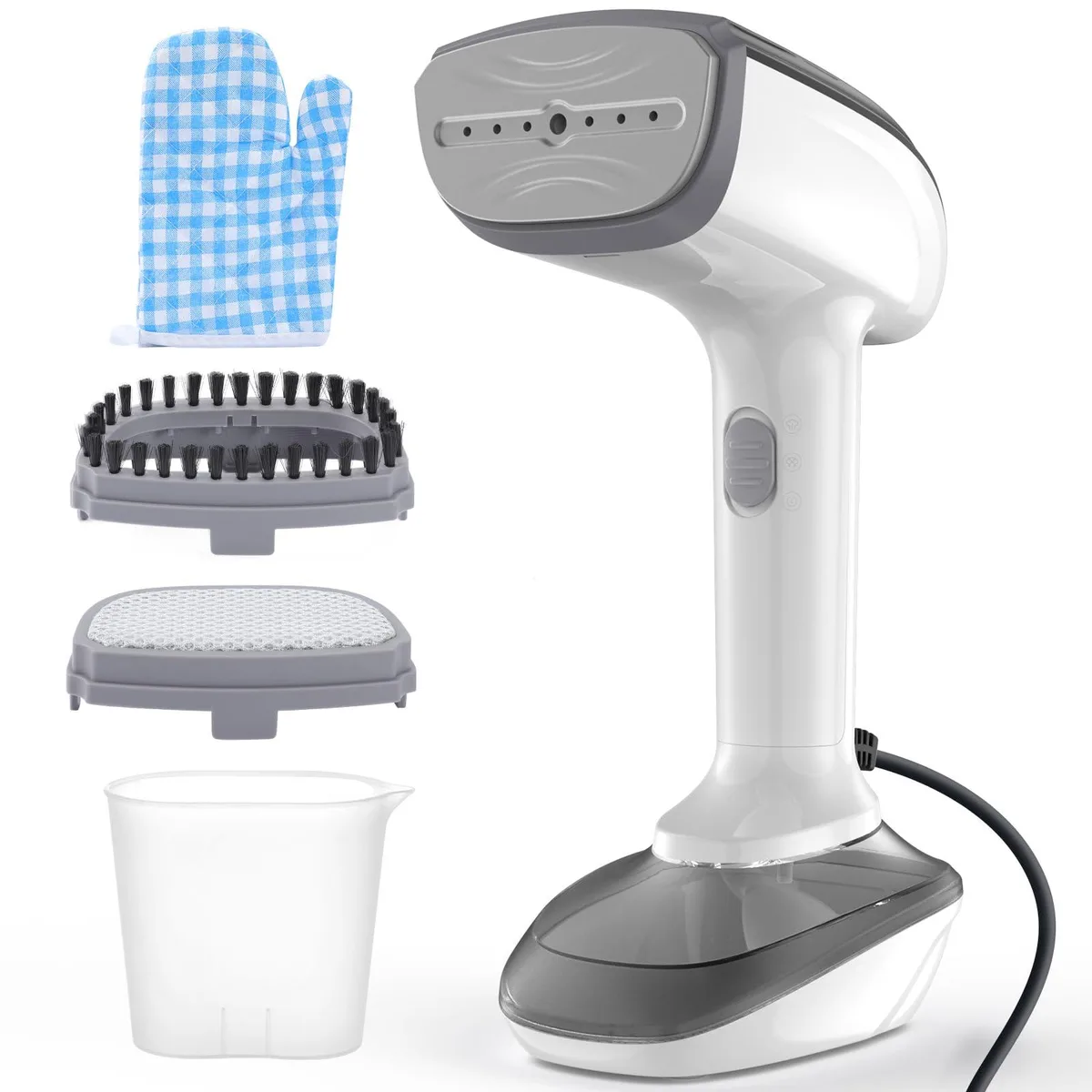 White handheld garment steamer with ceramic plate, detachable tank, fabric brush and heat-resistant gloves