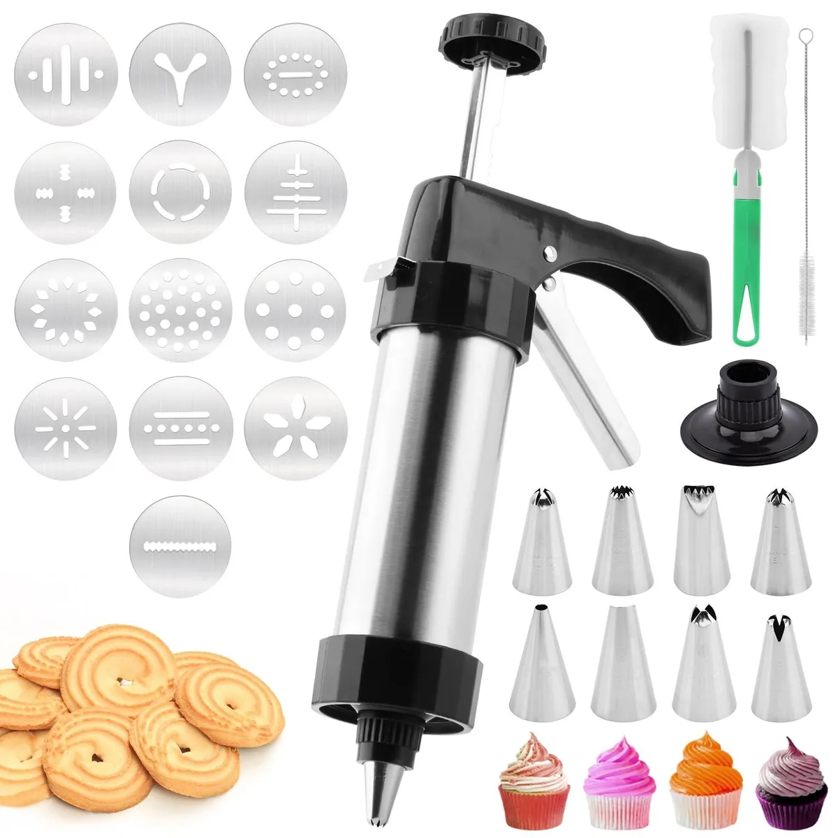 Stainless steel cookie press gun with 13 discs and 8 piping tips