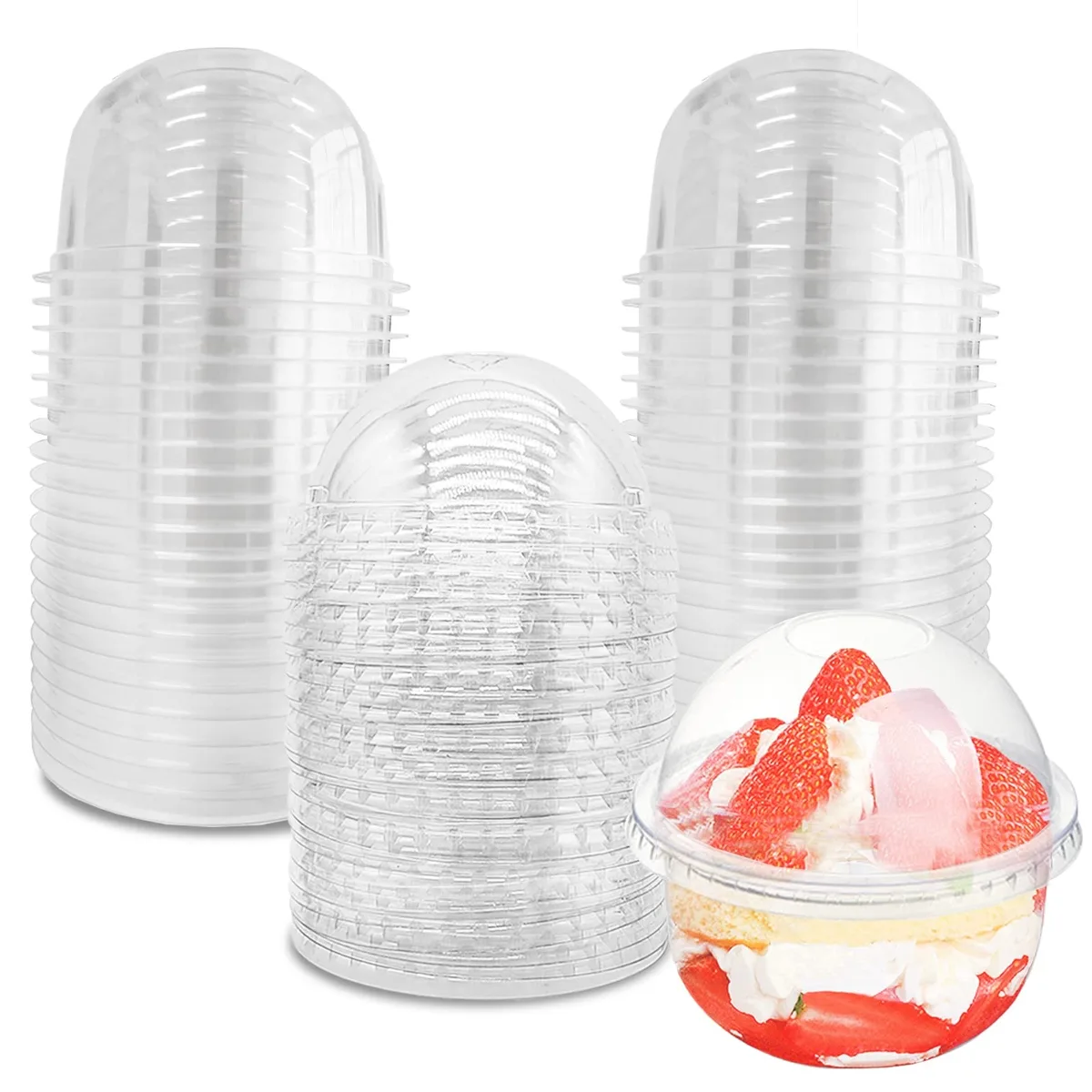 Fifty clear plastic dessert cups with tall dome lids