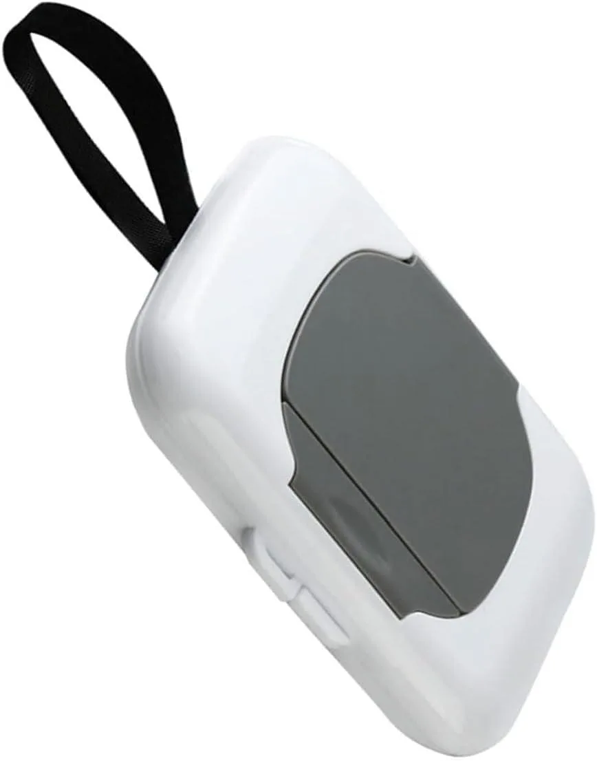 Gray rectangular wipe holder with flip-top lid and hanging clip