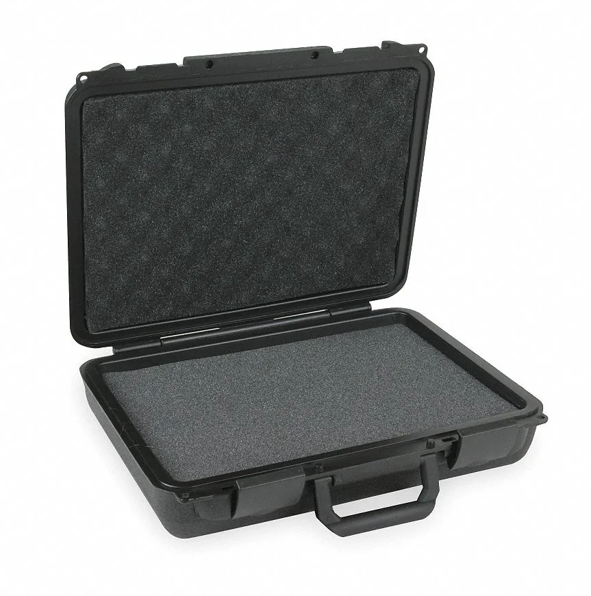 Black plastic protective case with folding handle and dual latches
