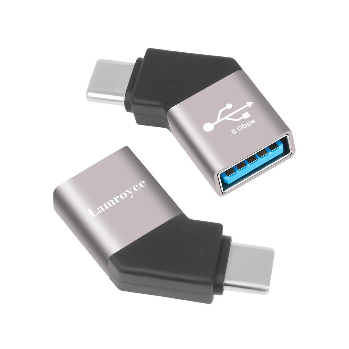 Two angled USB-C male to USB-A female adapters in a pack