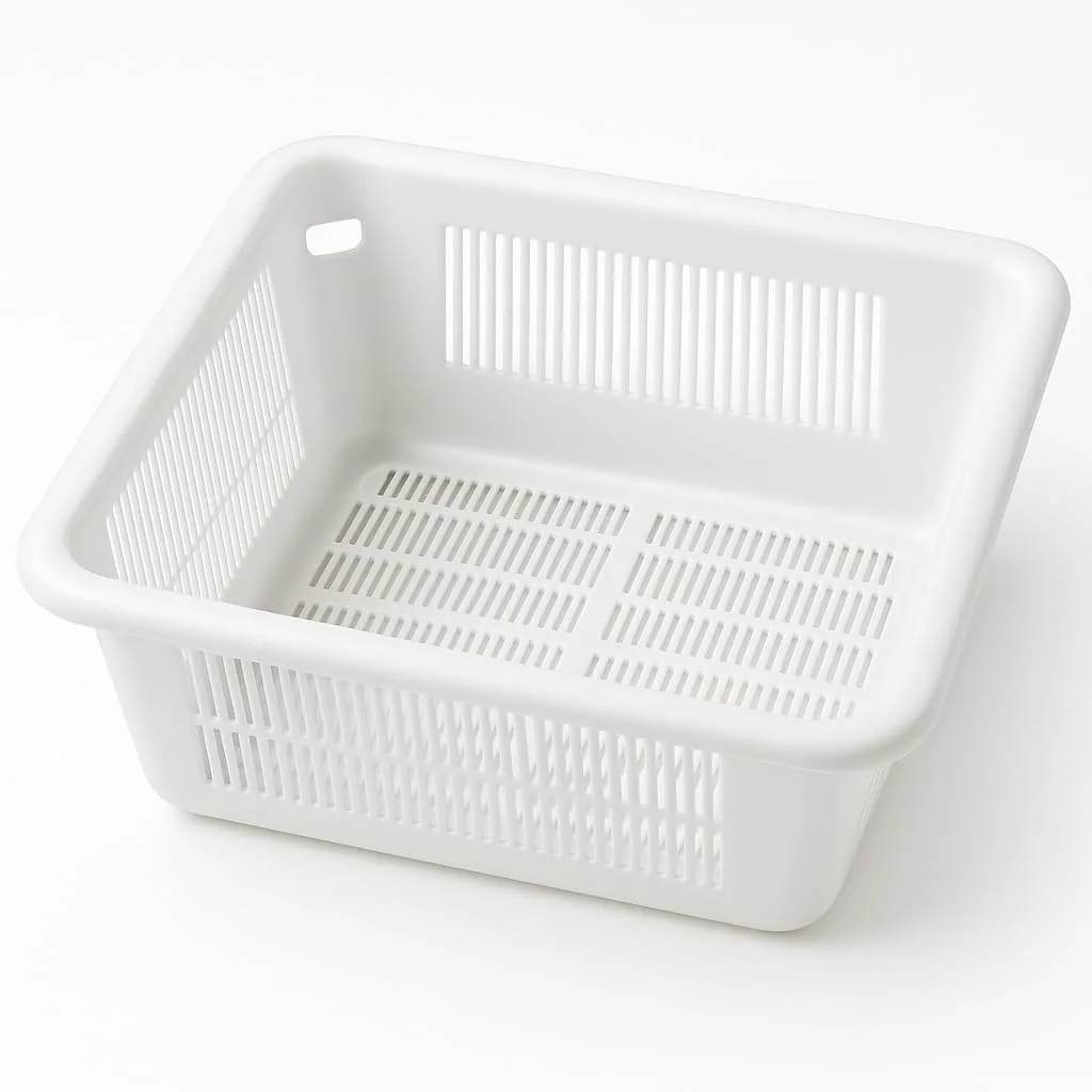 White plastic 8.5 inch floor sink basket with drainage slots