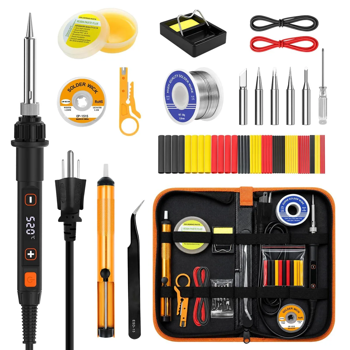 Blue digital LED soldering iron in black case with accessories