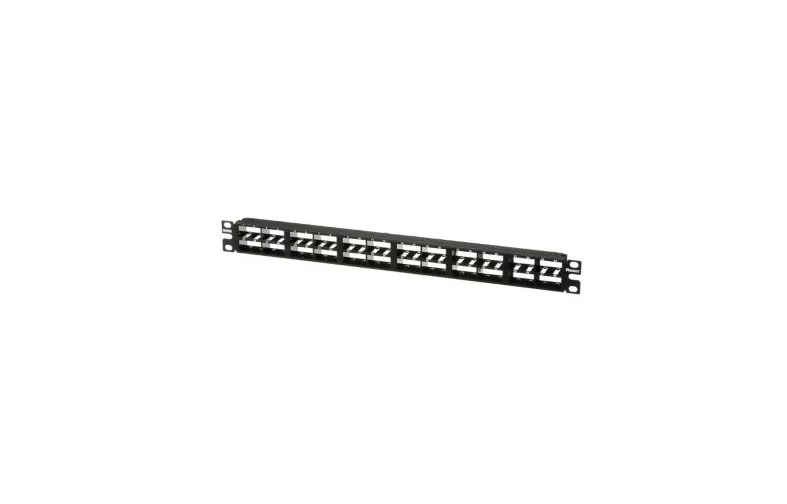 Black 19-inch rack-mount patch panel with 48 ports, 1.7 inches high
