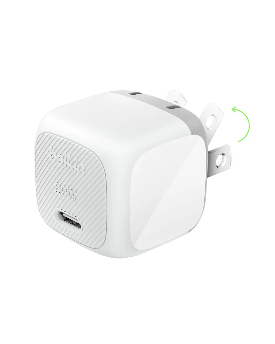White rectangular USB-C wall charger with foldable prongs