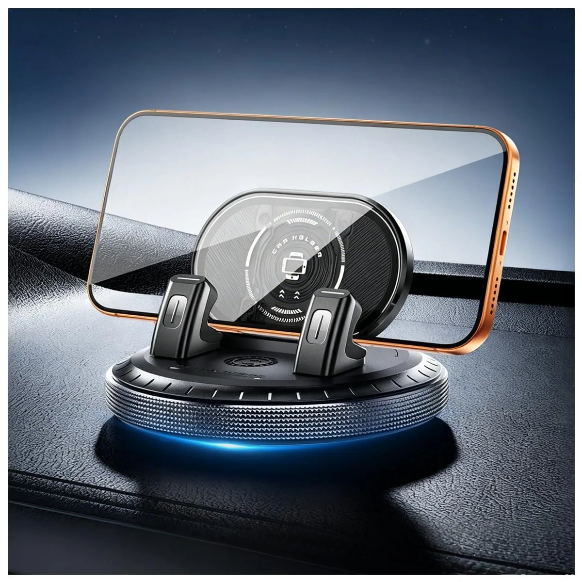 Black dashboard phone mount with 360° rotating base and silicone grip pad