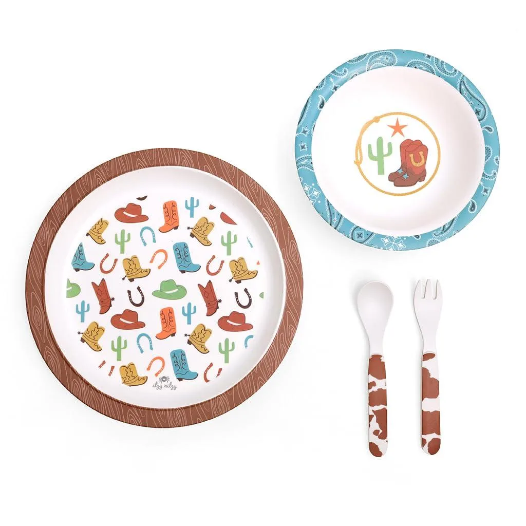 White ceramic plate, bowl, fork and spoon set with floral Western design