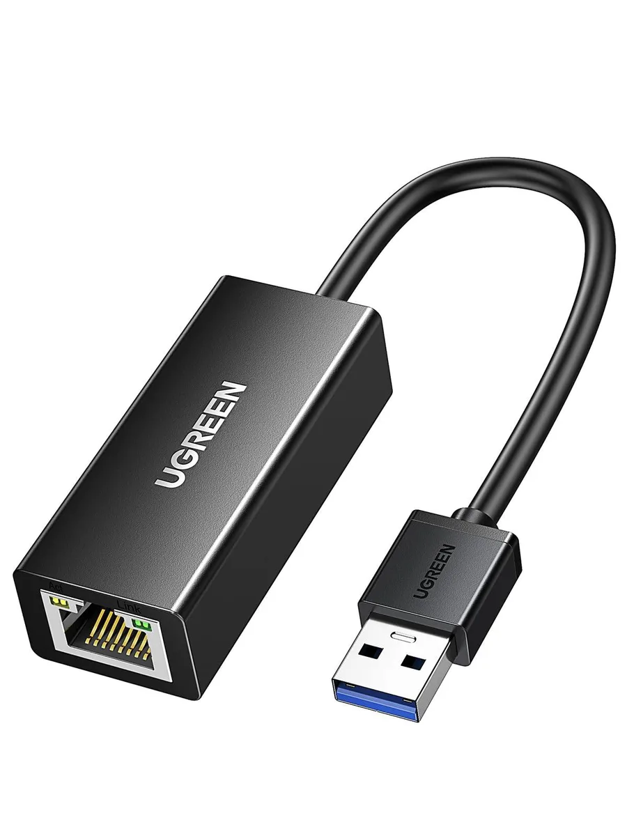 Black USB-A to RJ45 dongle with compact plastic body and LED indicator