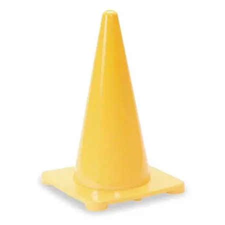 Yellow polyethylene traffic cone, 18 in tall with 11 in square base
