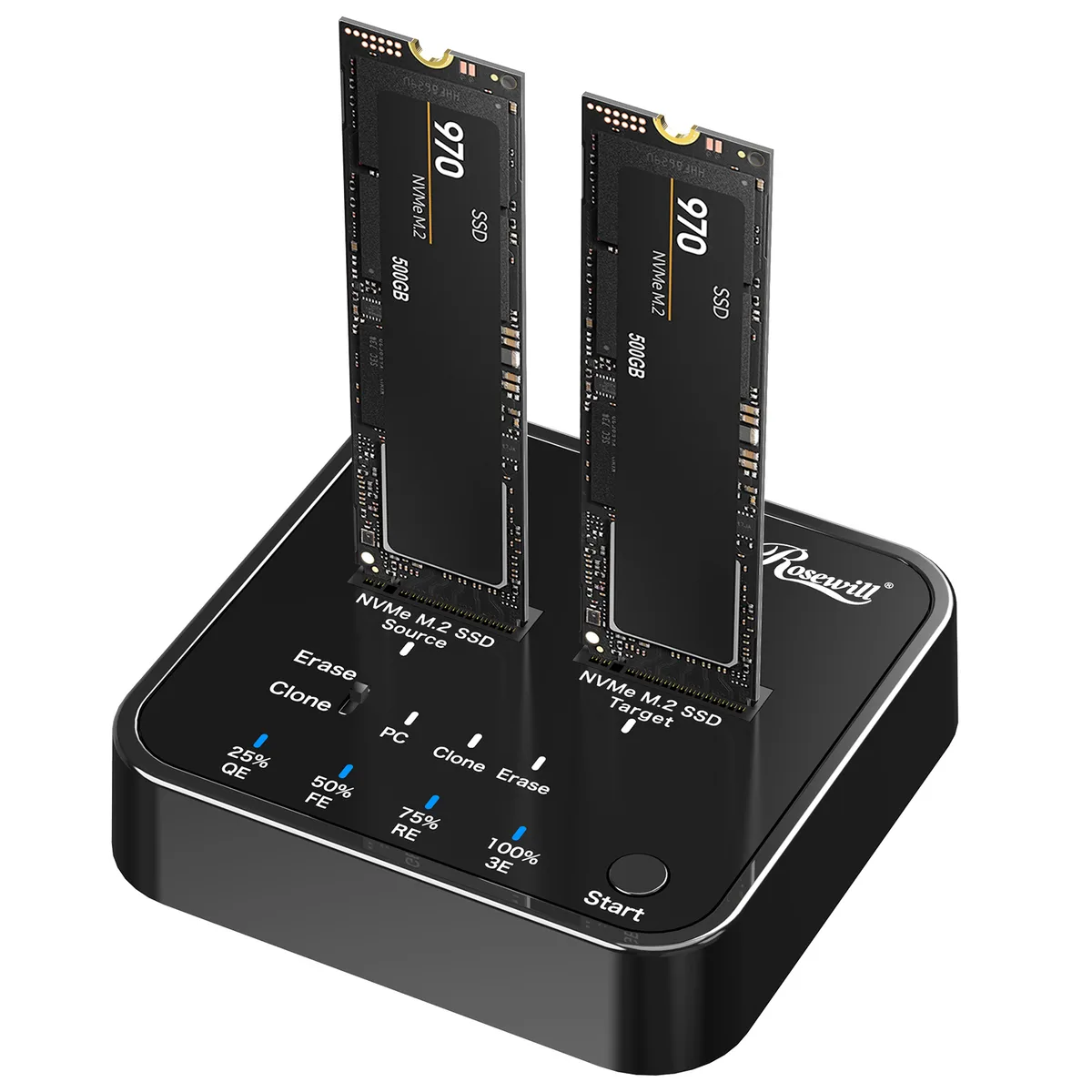 Rosewill Rosewill RS-N2-CLE dual-bay M.2 NVMe duplicator, 20 Gbps USB 3.2 Gen 2 Type-C, 4 TB per bay — product photo