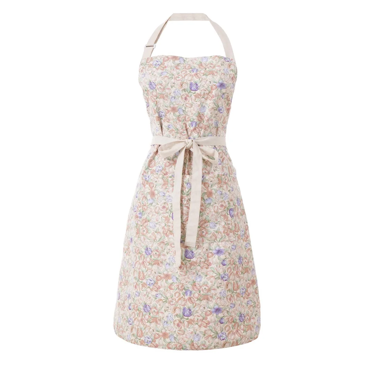 Double-sided vintage floral apron in brown and pink cotton-polyester blend with side pockets