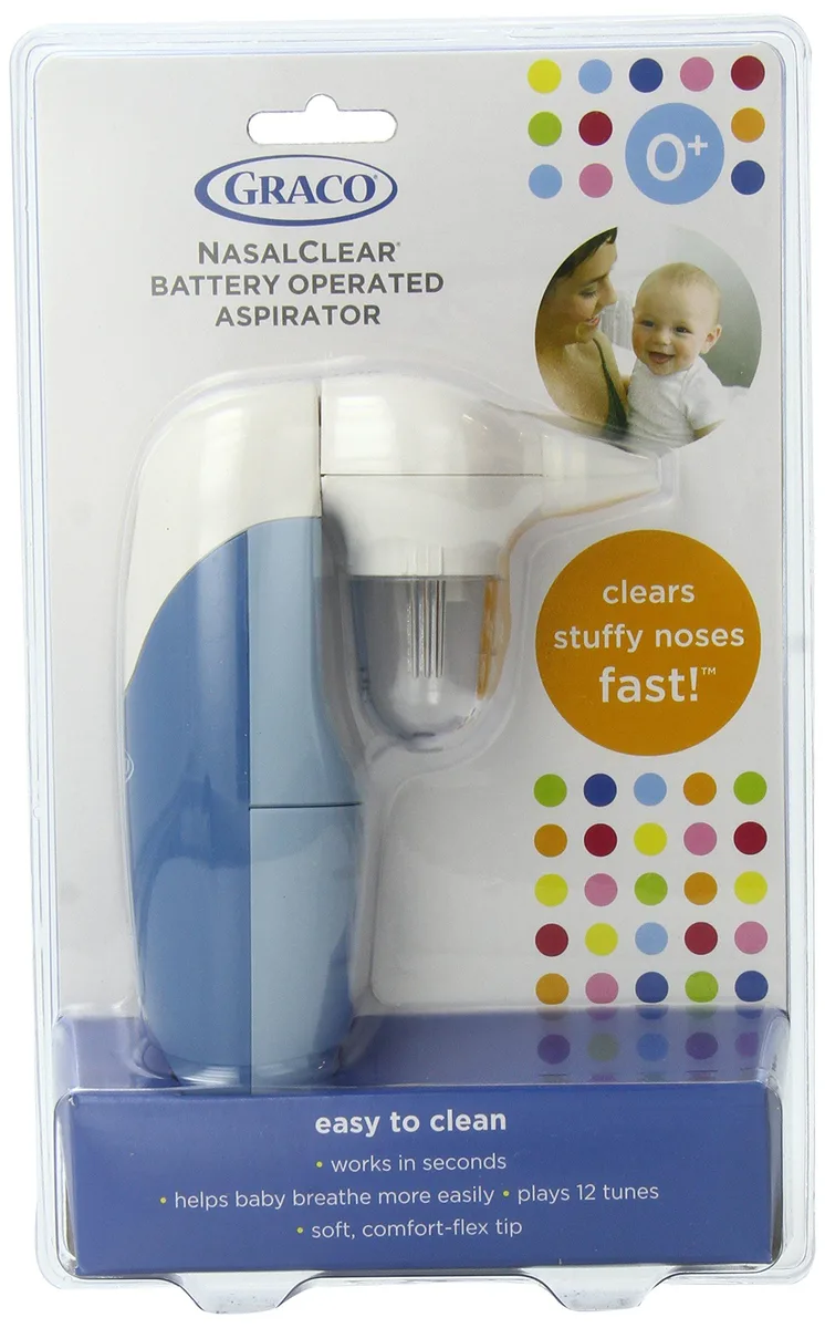 Blue battery-operated nasal aspirator with clear collection cup and nasal tip