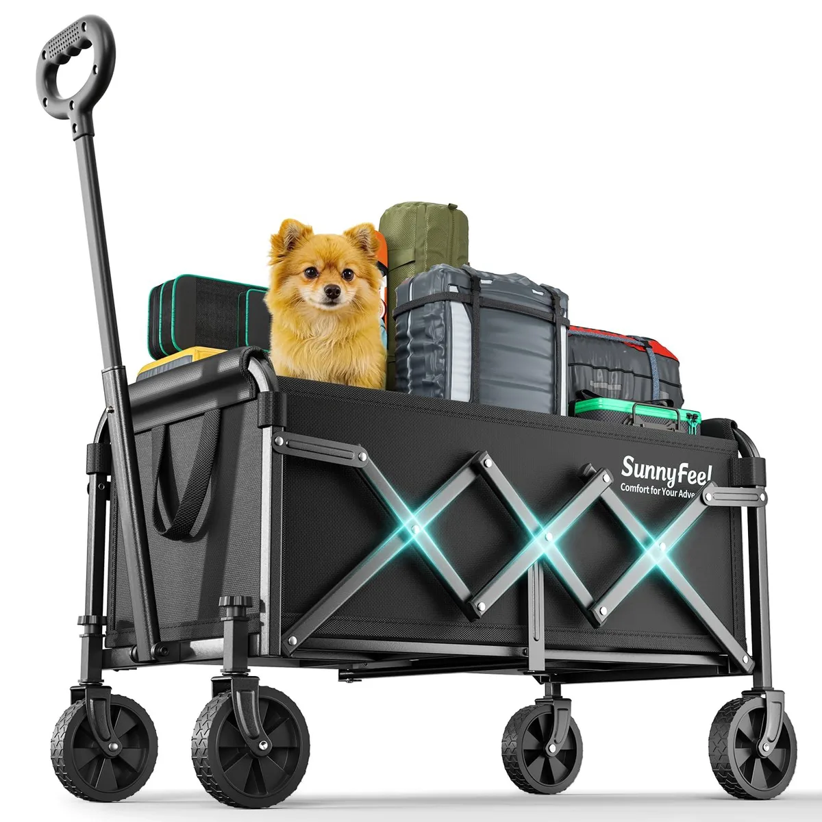 Black folding wagon cart with steel frame, Oxford fabric body, four swivel wheels and telescopic handle