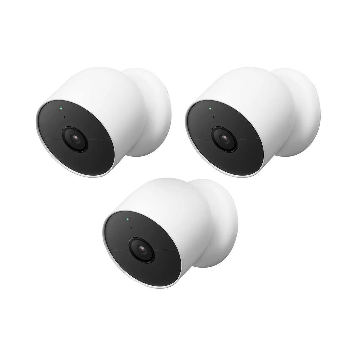 Three white wireless security cameras with matte finish and magnetic bases