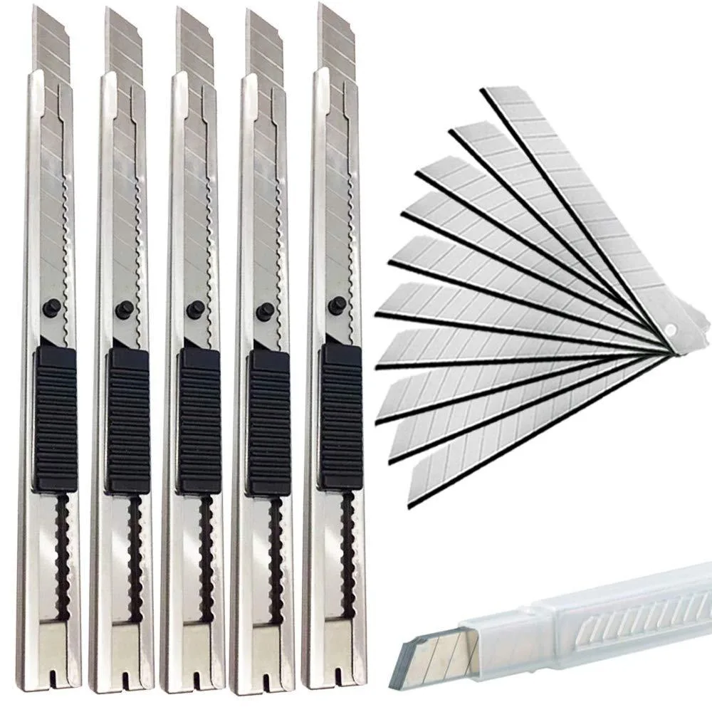 Five silver retractable knives with black grips and extra blades in a plastic case