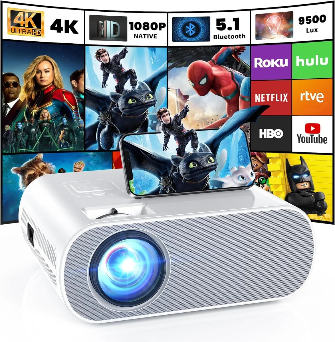 Compact rectangular LCD projector in matte black finish with front lens and top controls