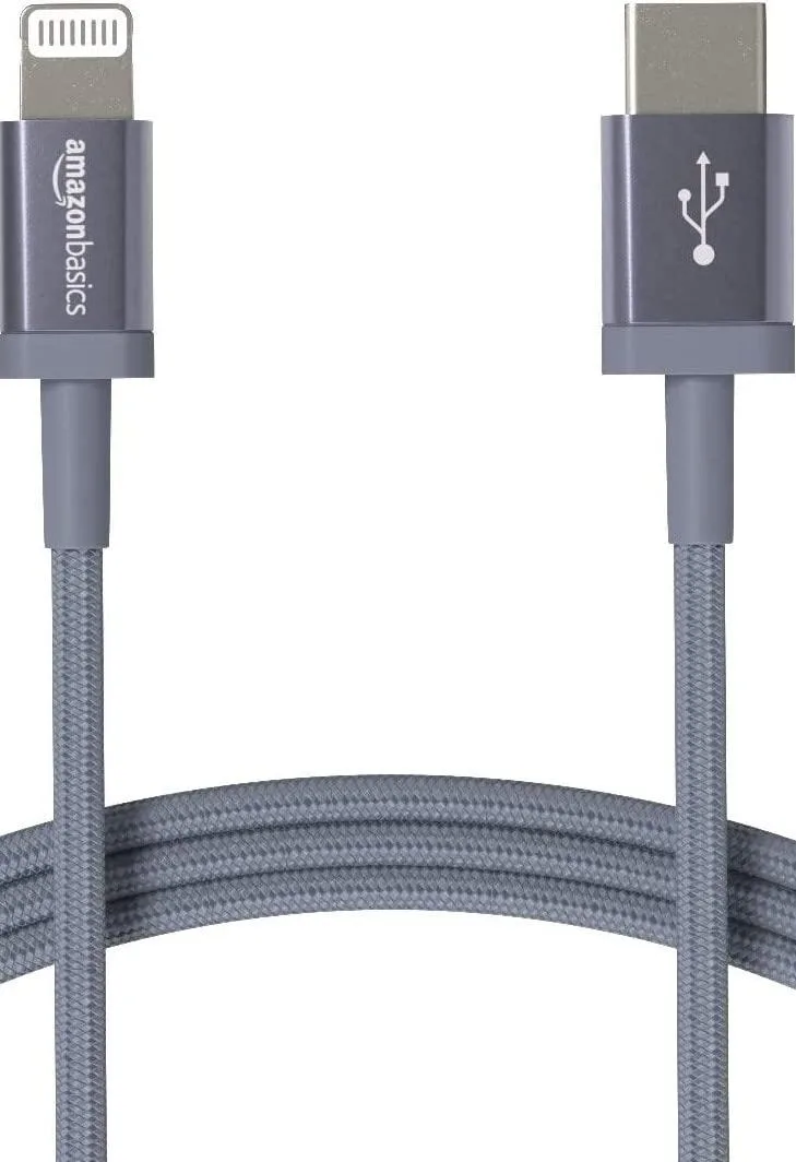 Dark gray braided USB-C to Lightning cable coiled on white background