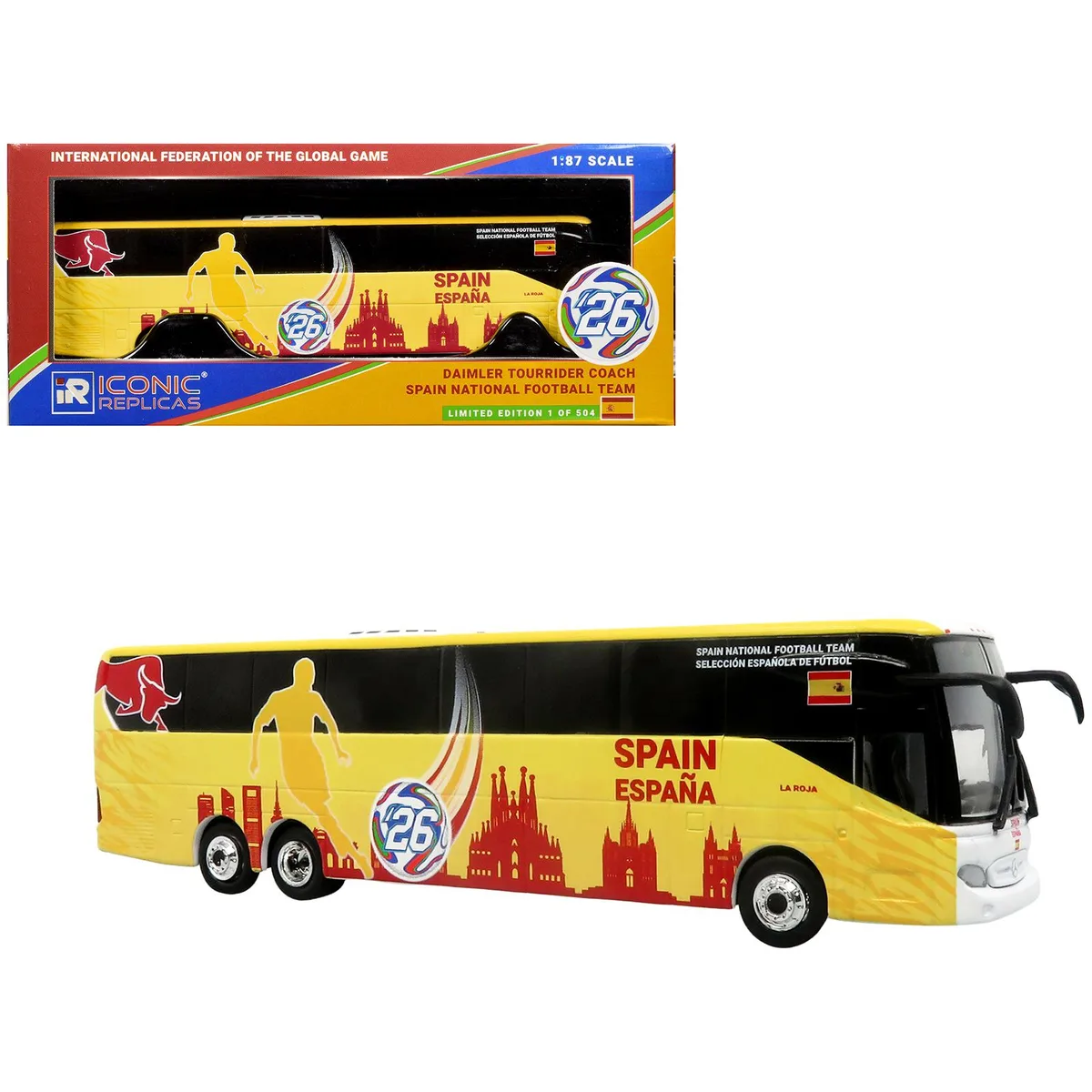 Yellow diecast coach bus 1/87 scale with Spain football graphics