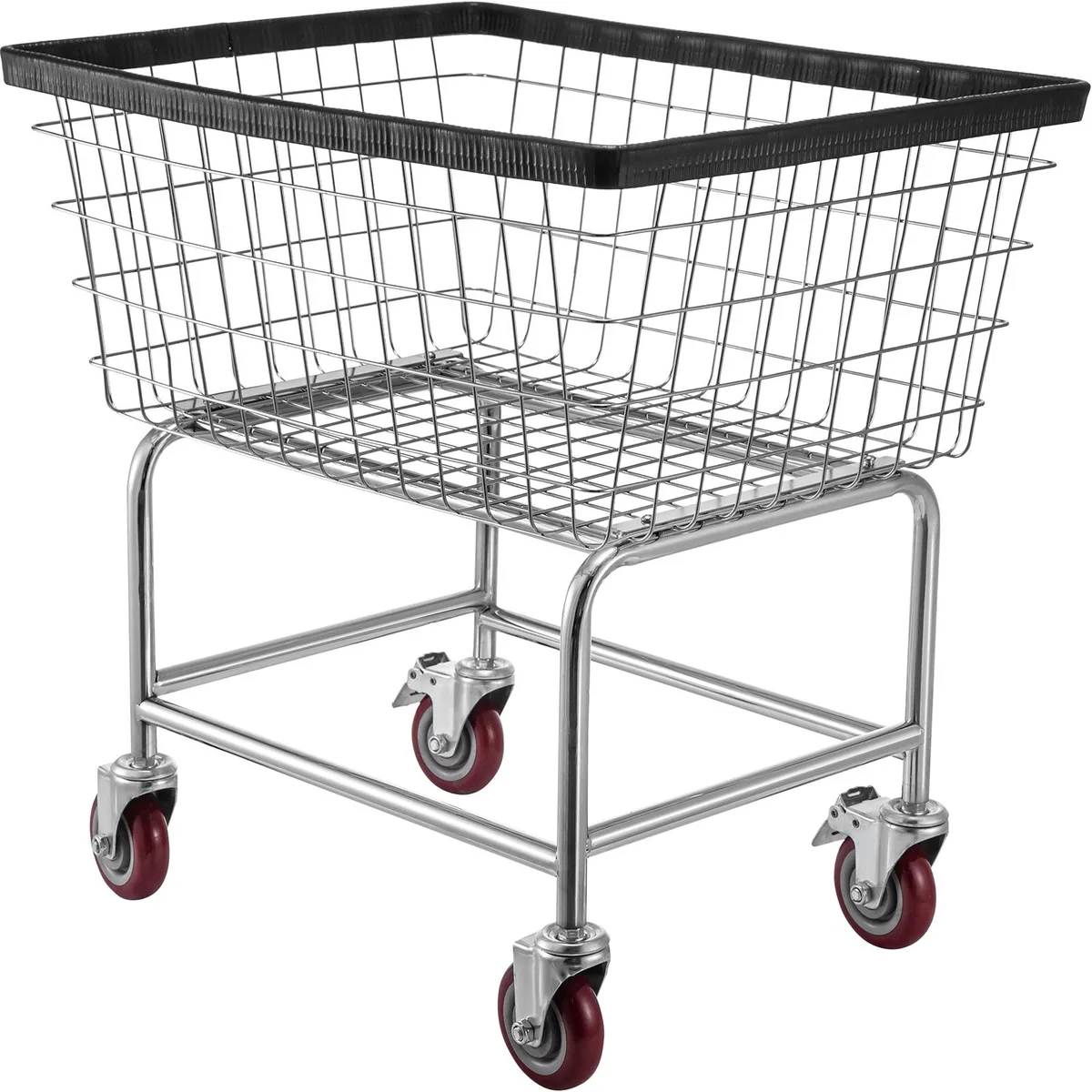 Chrome wire laundry cart on four swivel casters, removable basket with rubber-trimmed edges