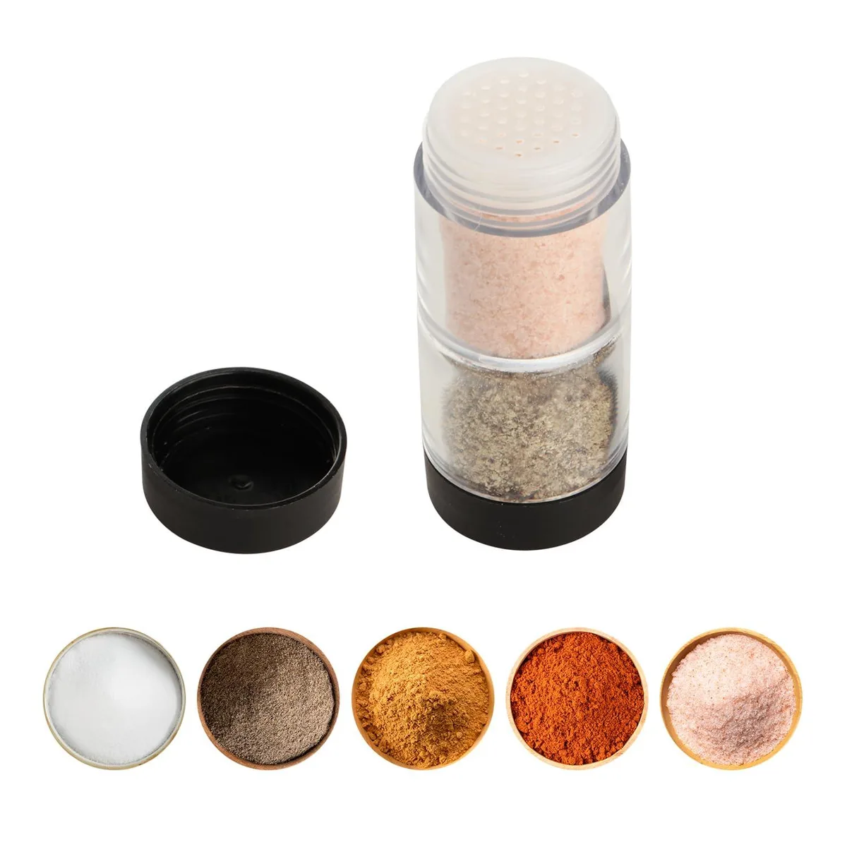 Clear polypropylene 2-in-1 salt pepper shaker with threaded airtight lid, dual compartments, 1.57 x 1.57 x 3.82 in
