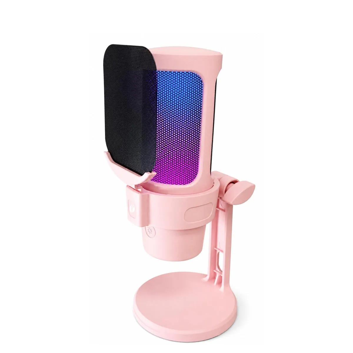 Pink USB condenser microphone on desktop stand with pop filter, shock mount, RGB lighting and gain knob