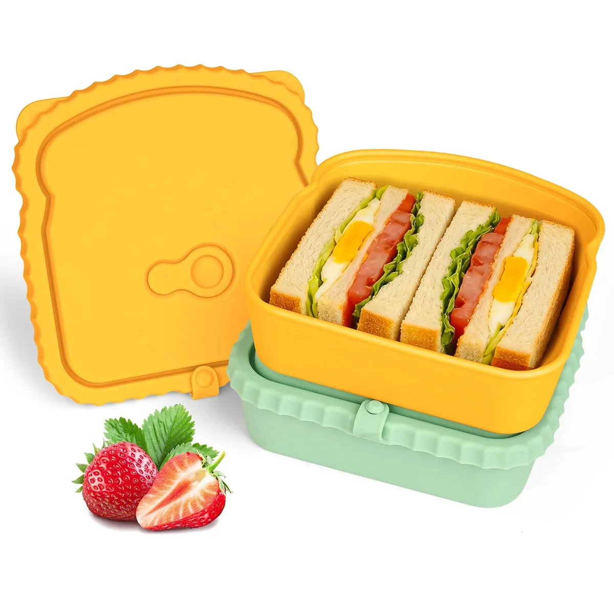 Two red rectangular silicone containers with matching lids, 5.5 inches square and 1.7 inches deep