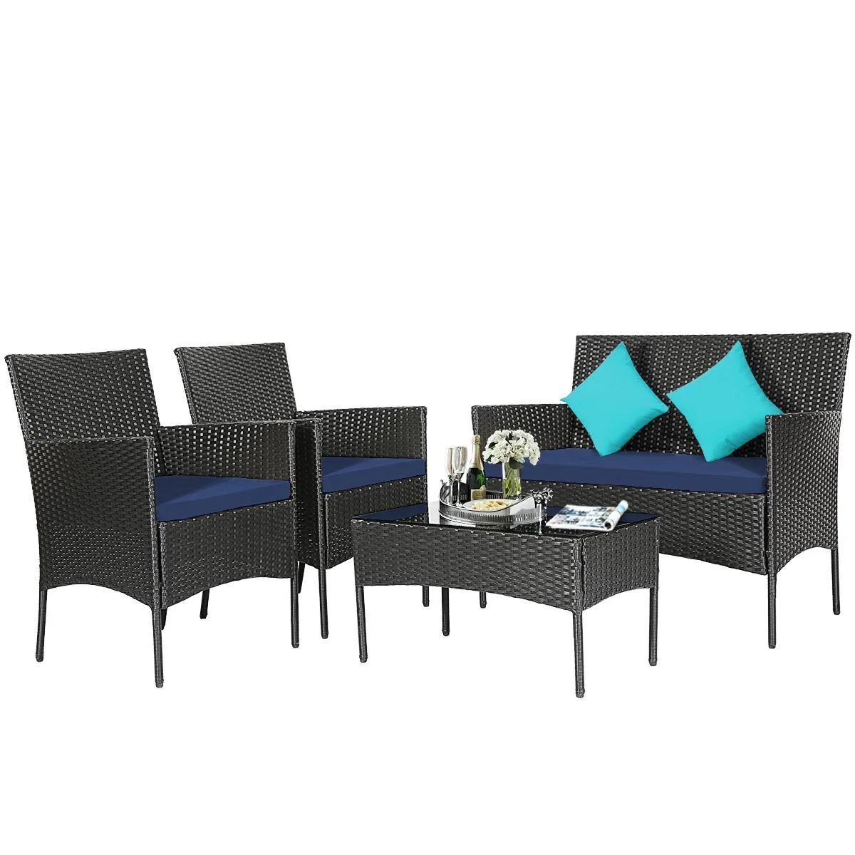 SlickBlue SlickBlue 4-Piece Rattan Sofa Set Navy 42" Loveseat 28" Table — product photo