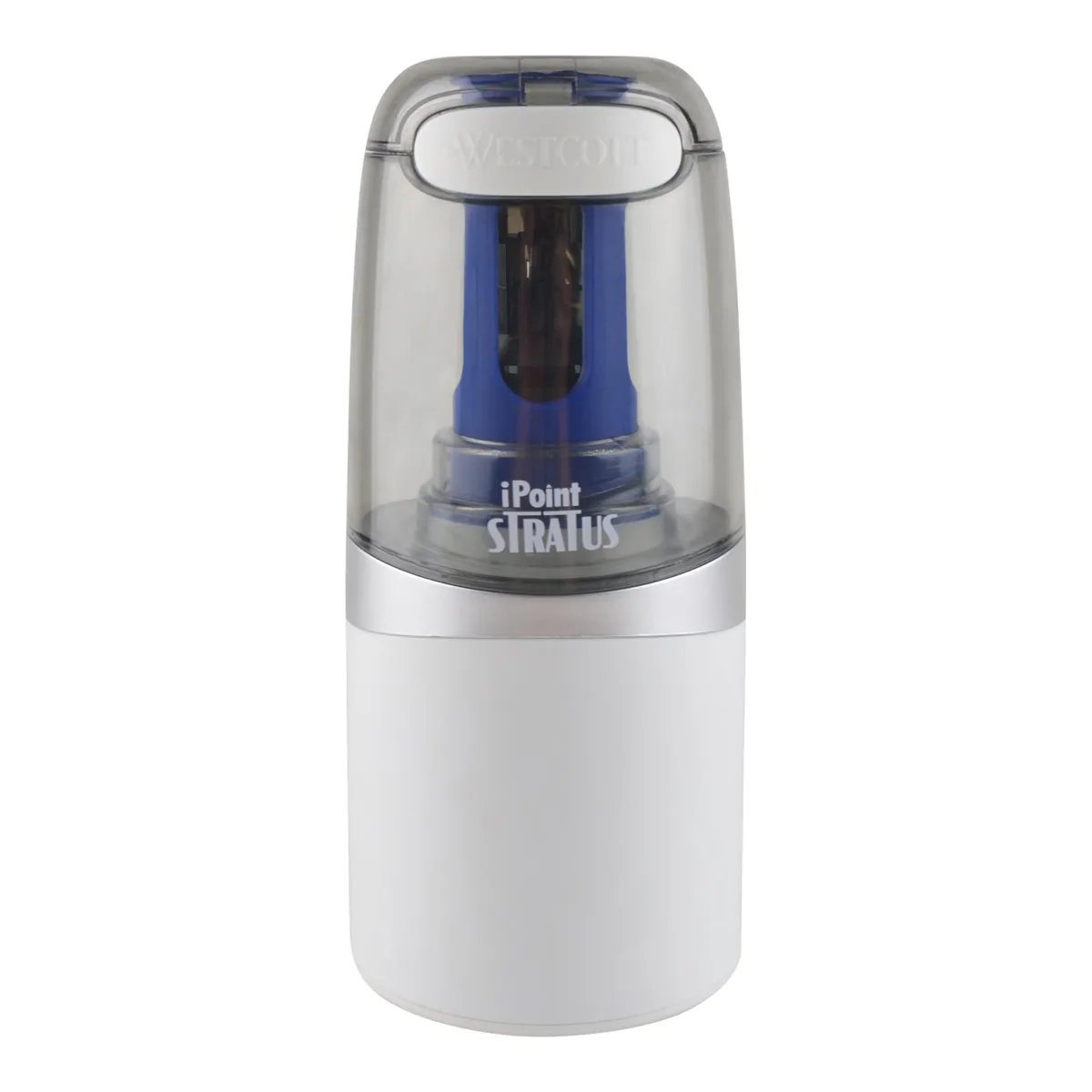 Grey stainless-steel vertical electric sharpener with clear pop-top shavings bin